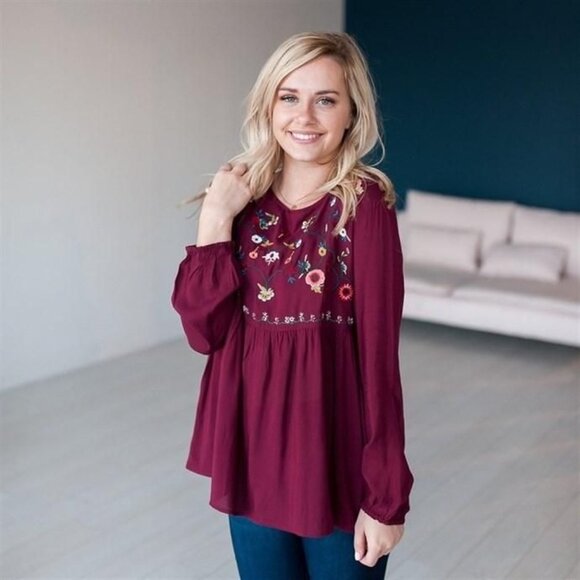 Jodiel Cottage Core Boho Chic Embroidered Wine Red Floral Embroidered Blouse M - Picture 2 of 12